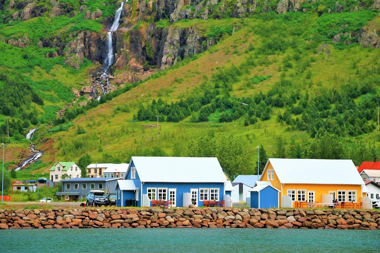 iceland, houses, atlantic, waterfall, nature